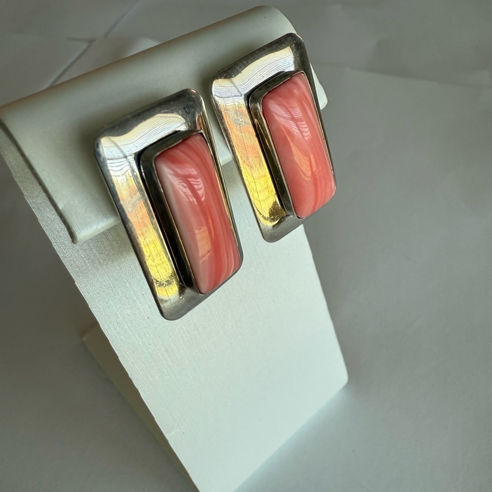 Vintage Sterling Silver Pink Coral Rectangular Stud Earrings – PS Hallmark - Picture 3 of 8